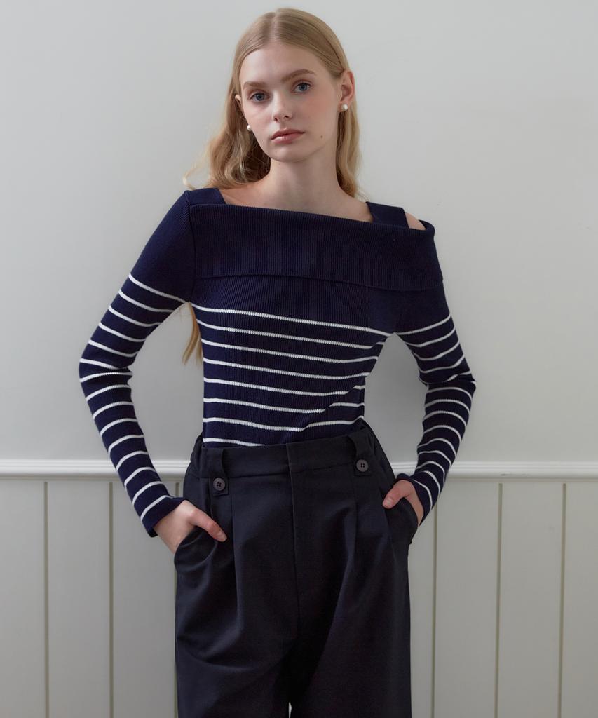 ZEROSTREET [3 Colors] Striped Asymmetrical Off-Shoulder Sweater
