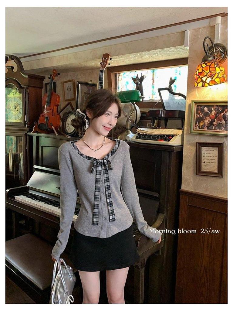 Women's Autumn Slim Fit Retro Lace-up Bow Tie Long Sleeve Top