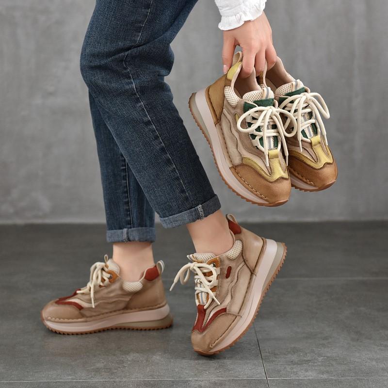 Johnature Genuine Leather Casual Sports Lace Up Anti Slip Women's Shoes Retro Mixed Colors Thick Soled Sneakers