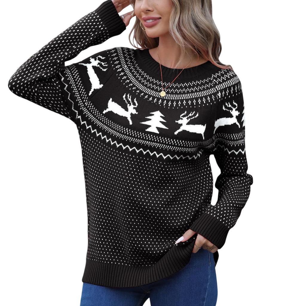 European, American Autumn And Winter Christmas Sweater Women'S Loose Knitted Jacquard Crew Neck Versatile Casual Pullover