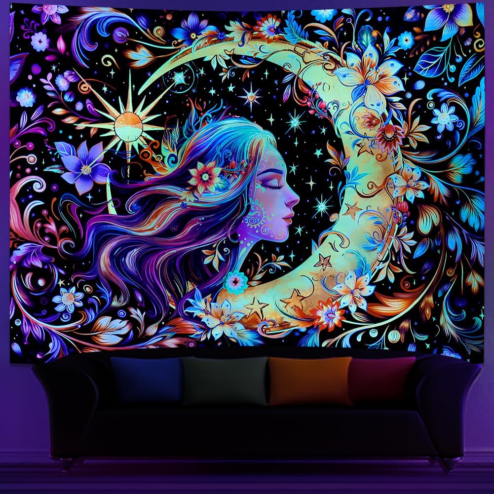 Serborlur Blacklight Sun and Moon Tapestry UV Reactive Psychedelic Floral Tapestries Galaxy Space Tapestry Hippie Boho Mandala Wall Hanging Flower