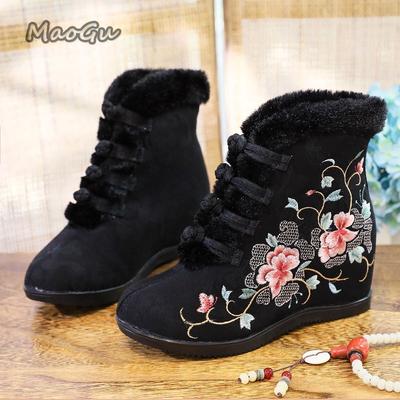 Bottes en Coton Brodé Floral Style Chinois Talons Compensés Femme Fourrure Hiver Chaud Cheville Chaussures de Neige Confortables Bottines Pointure 35