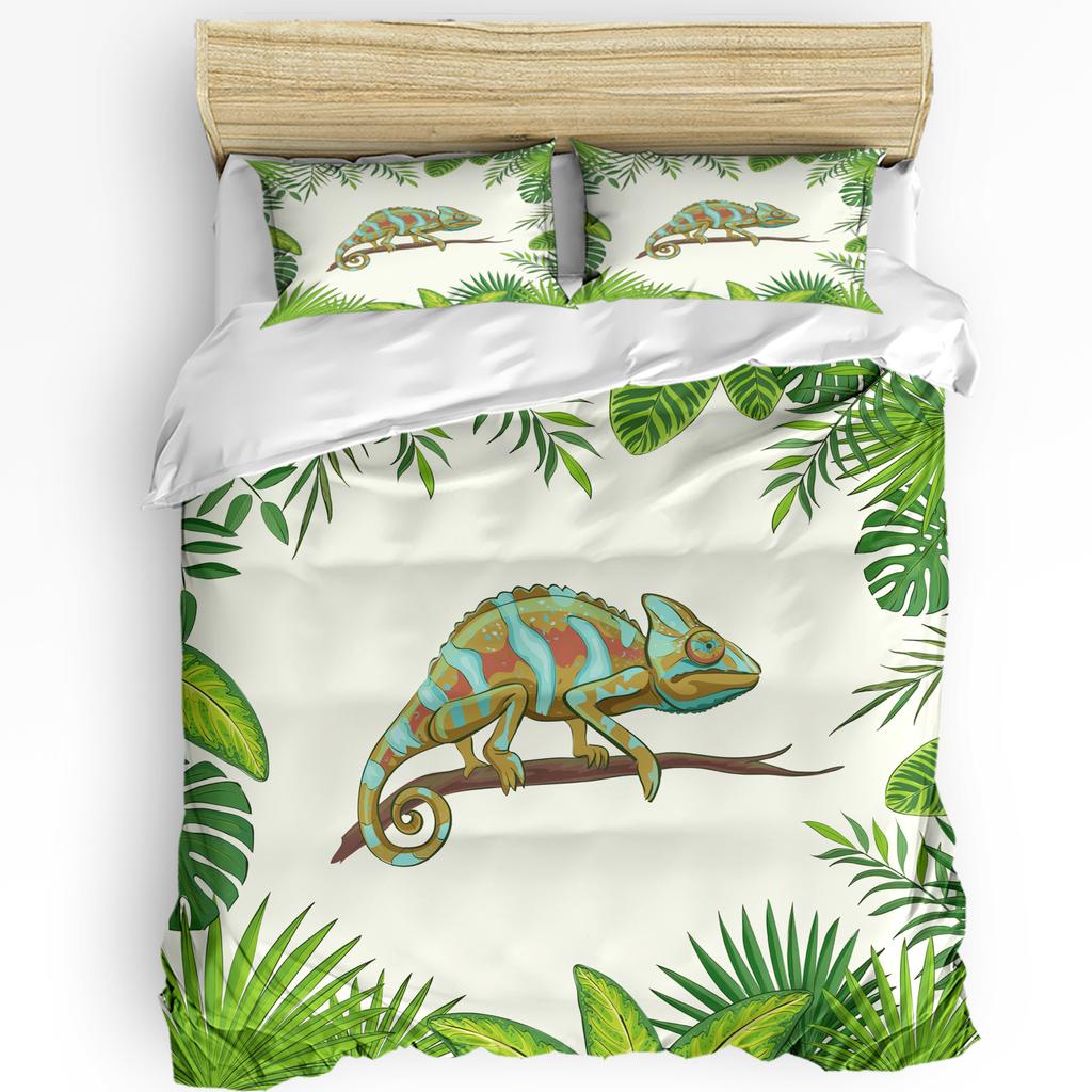 Set Biancheria da Letto Animale Camaleonte Foglie 3 Pezzi Bambini Ragazzi Ragazze Copripiumino Federa Bambini Adulti Coperta Piumino Set Letto Matrimoniale Tessile per la Casa
