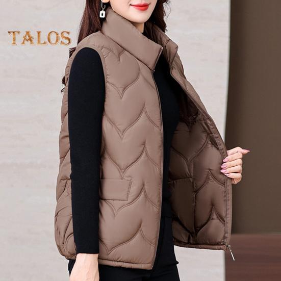 Colete de inverno feminino, casaco acolchoado espesso, gola alta, proteção de pescoço, sem mangas, fecho de zíper, cor sólida, mantém o colete aquecido