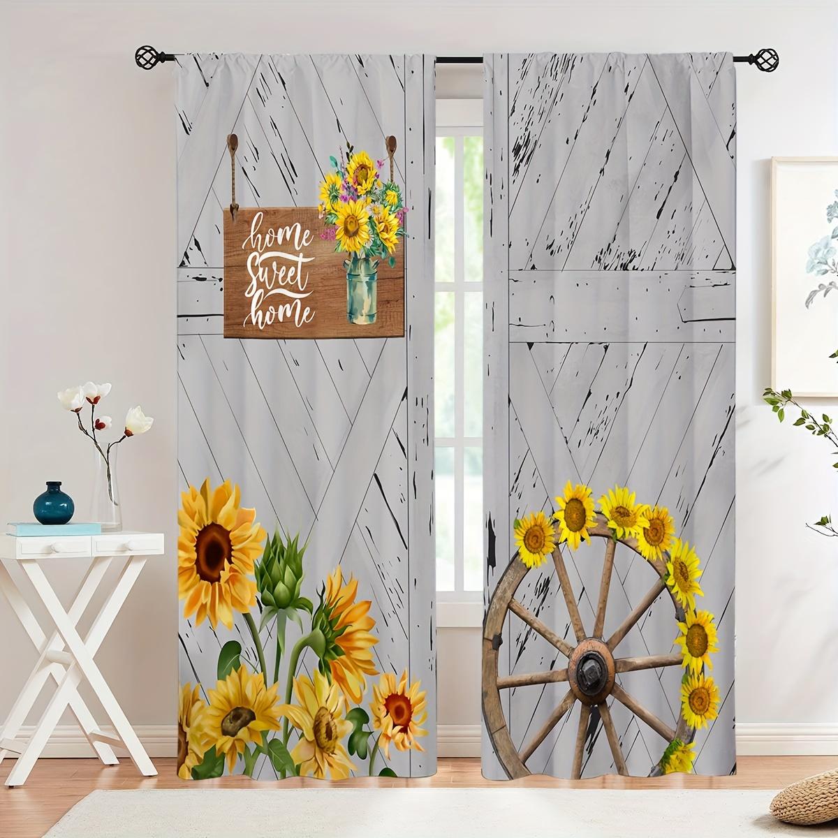 Paar von 2 Sonnenblumen Holz Rustikal Bauernhaus Küchenvorhänge Holz Scheunentor Vintage Kleine Kurze Café Vorhänge Stangentasche Fensterbehang 2x50W100H(CM)&rod pocket