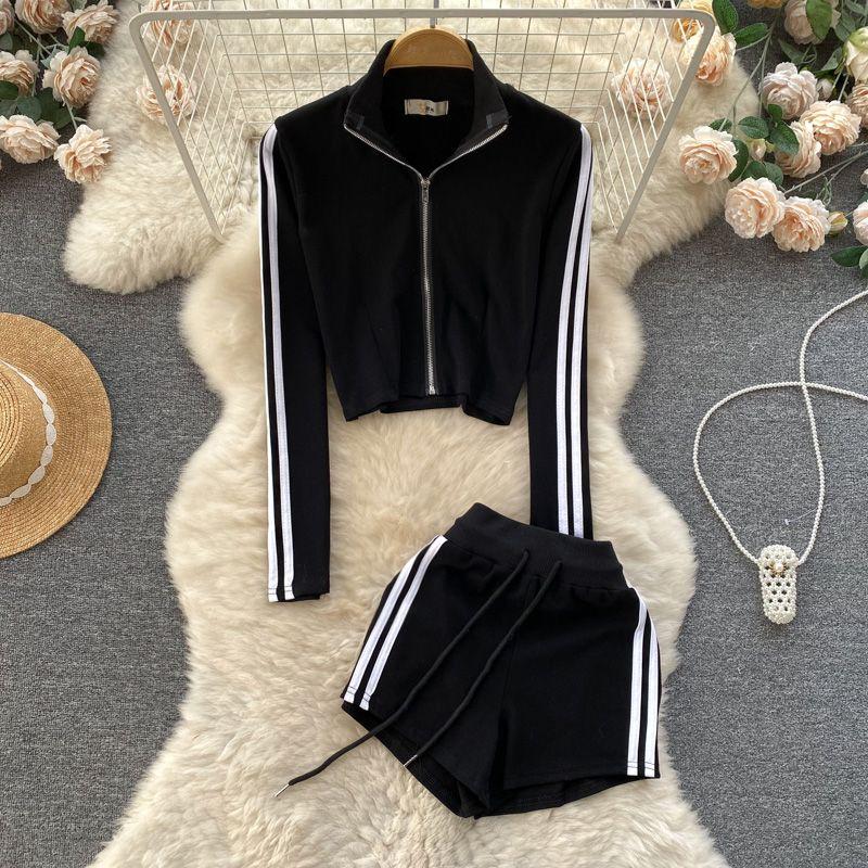 

Spring Summer Stripes Zipped Stand Collar Casual Sports Suit Black One size