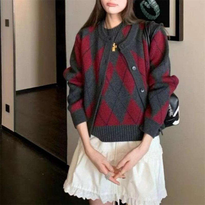 

Женский вязаный костюм с ромбами контрастного цвета, новинка осени и зимы, однобортный кардиган-жакет, пуловер, жилет, комплект из двух предметов для женщин average size