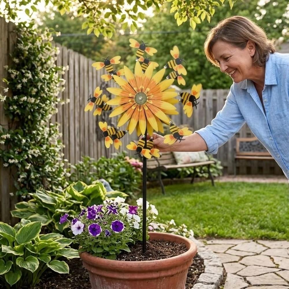 Double Sided Bee Wind Spinner Anti-Rust Metal Garden Stake Sunflower Motion Art Wind Yard Ornament