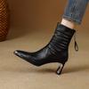 French metal square head high-heeled short women's boots 2025 autumn and winter new thick heel rear zipper leather Chelsea boots women