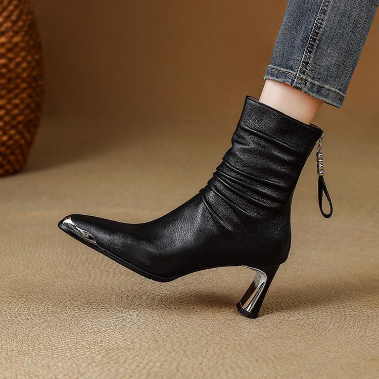 French metal square head high-heeled short women's boots 2025 autumn and winter new thick heel rear zipper leather Chelsea boots women