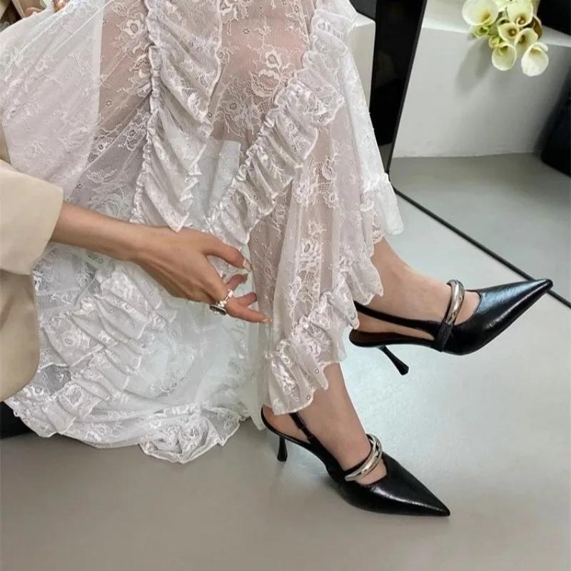 Fashion New High Heels Women Pumps Pointed Toe Slingbacks Suede Leather Summer Shoes Woman String Bead Kitten Heels Sandals Women