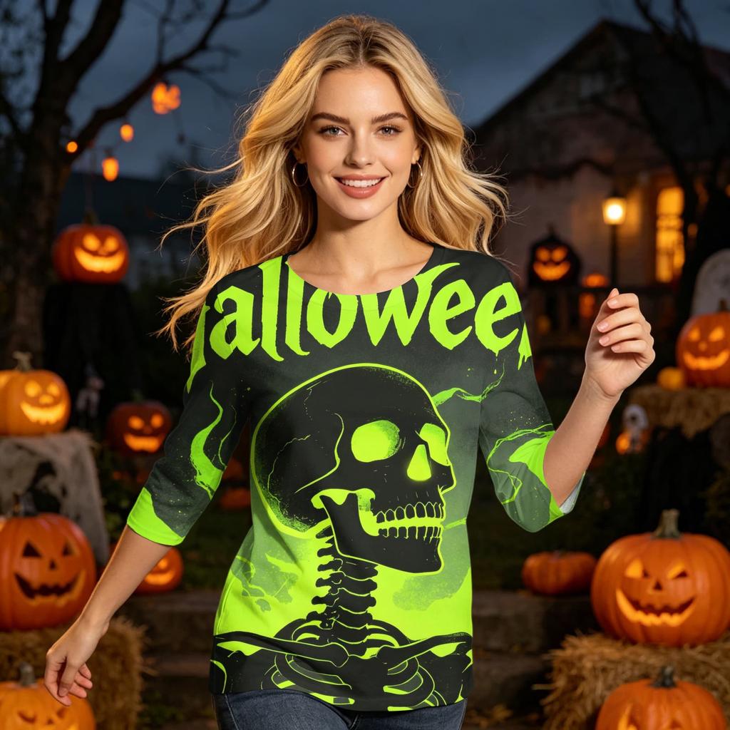 Women's Casual 3/4 Sleeve Halloween Print Round Neck Top Lightweight Loose Fit Pullover Shirt for Everyday Wear