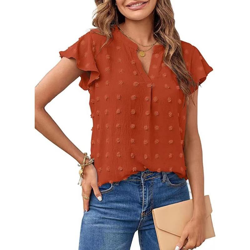 Summer V-neck Floral-sleeved Chiffon Shirt Short-sleeved Women’s T-shirts