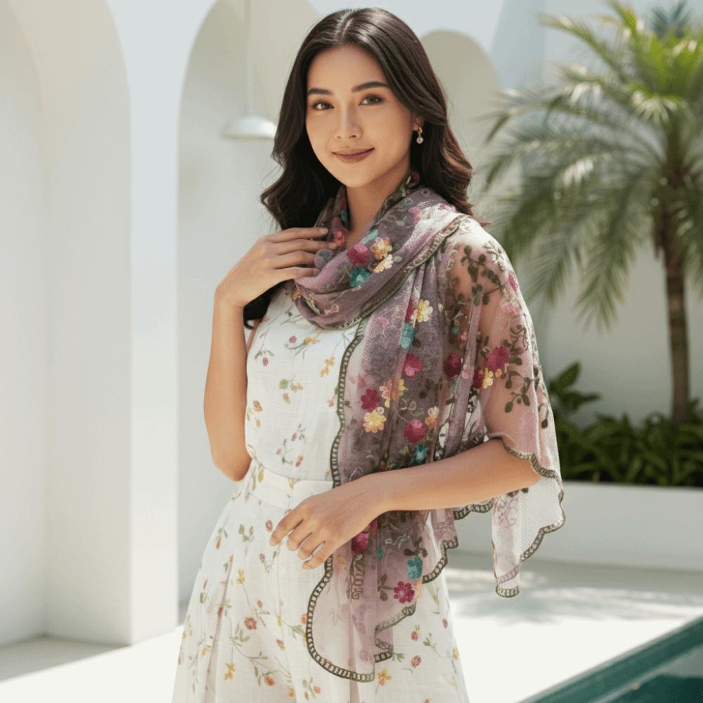 Lightweight Ethnic Sheer Shawl Embroidered Long Lace Scarf Boho Floral Headwrap  Holiday Gift