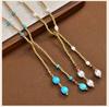 Boho Layered Long Necklace for Women, Turquoise Pearl Beaded Pendant, Sexy Y-shaped Chest Chain Necklace Statement Jewelry