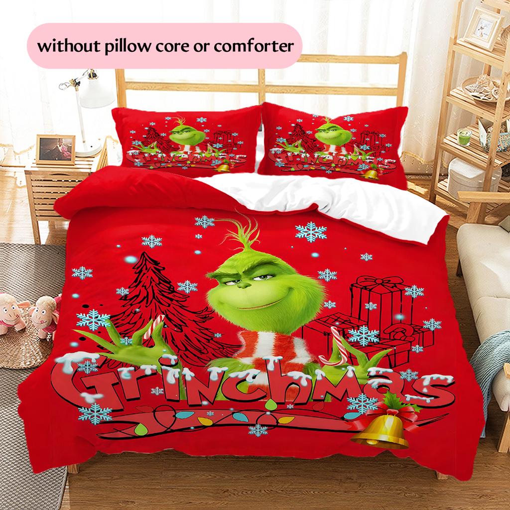 1 Stück Grinch-Muster Bettwäsche Steppdecke Set Bettbezug Kissenbezug Heimdekoration Geburtstagsgeschenk (1 Bettbezug + 2 Kissenbezüge, ohne Füllung)