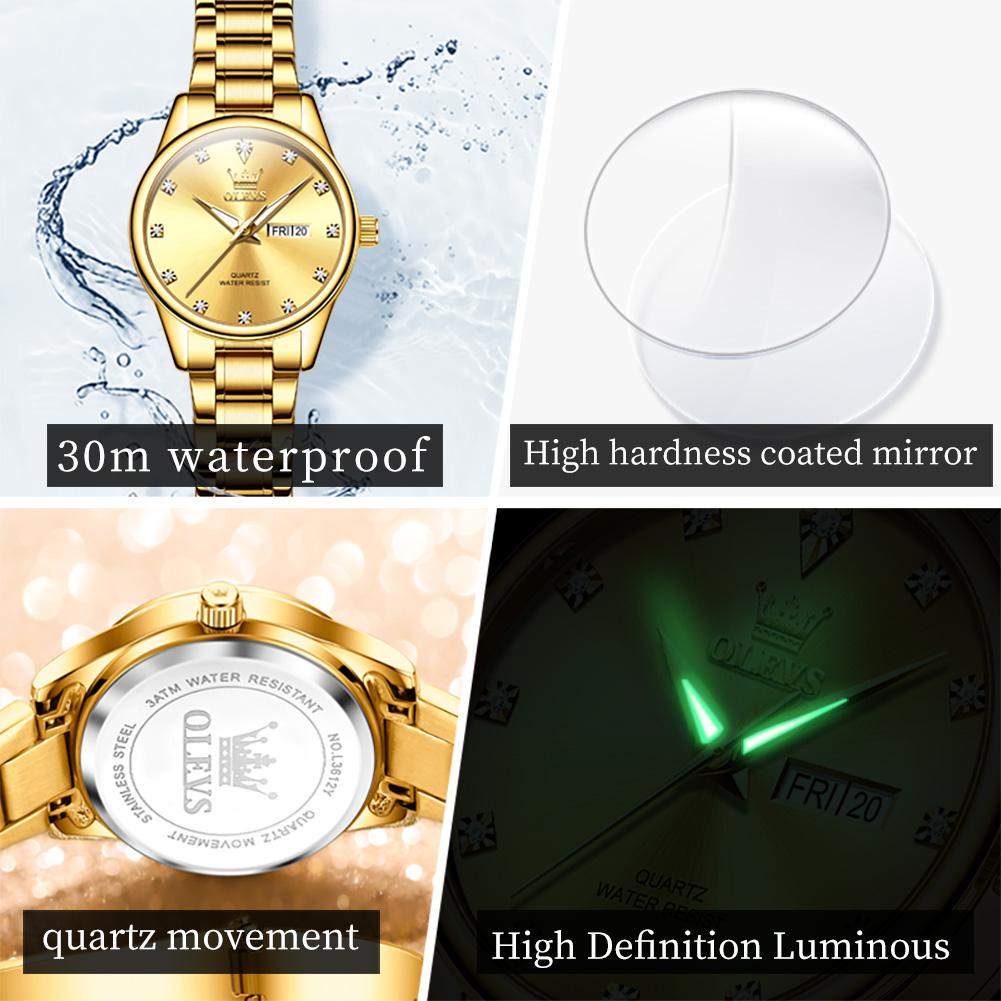 OLEVS Luxuriöse goldene Quarzuhr für Damen Edelstahl Wasserdicht Leuchtend Datum Woche Damenuhren Elegante Damenarmbanduhr