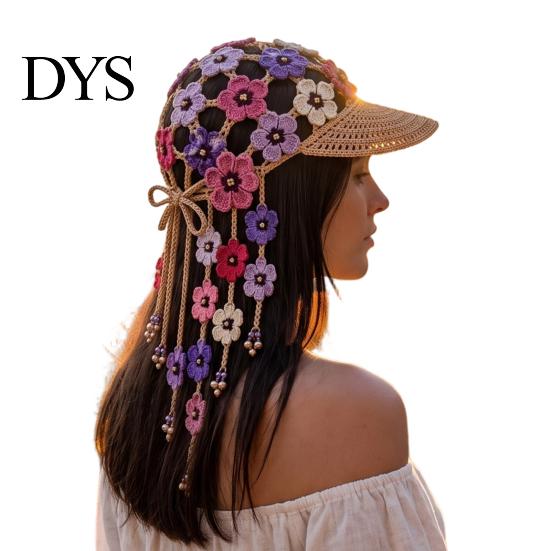 Outdoor Sun Protection Cap Hand Crocheted Sunflower Baseball Cap, Bohemian Tassel Bell Hat, Handmade Knit Cutout Floral Decorative Bowknot Beanie