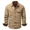 Men's Washed Cotton Casual Shirt Solid Color Lapel Long Sleeve Cargo Shirt for Men