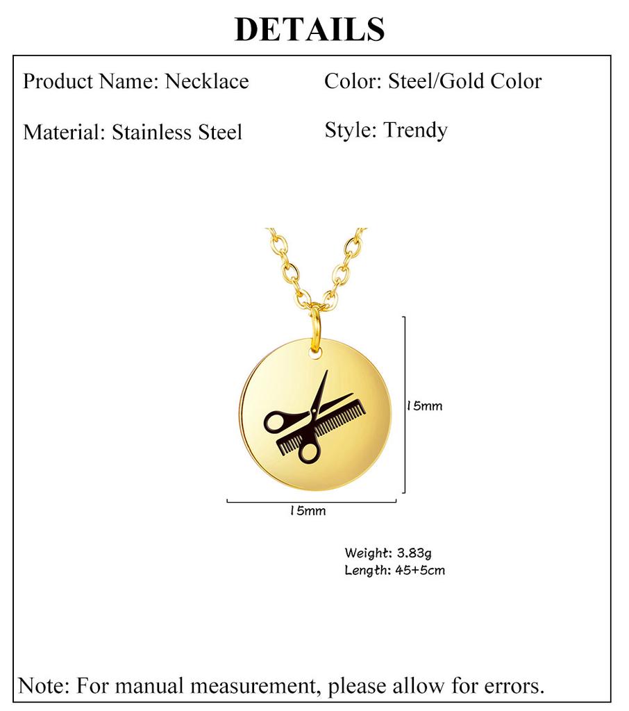 Cazador Women's Necklace Hair Stylist Scissors Comb Round Pendant Stainless Steel Gold Color Jewelry Birthday Mother Day Gift