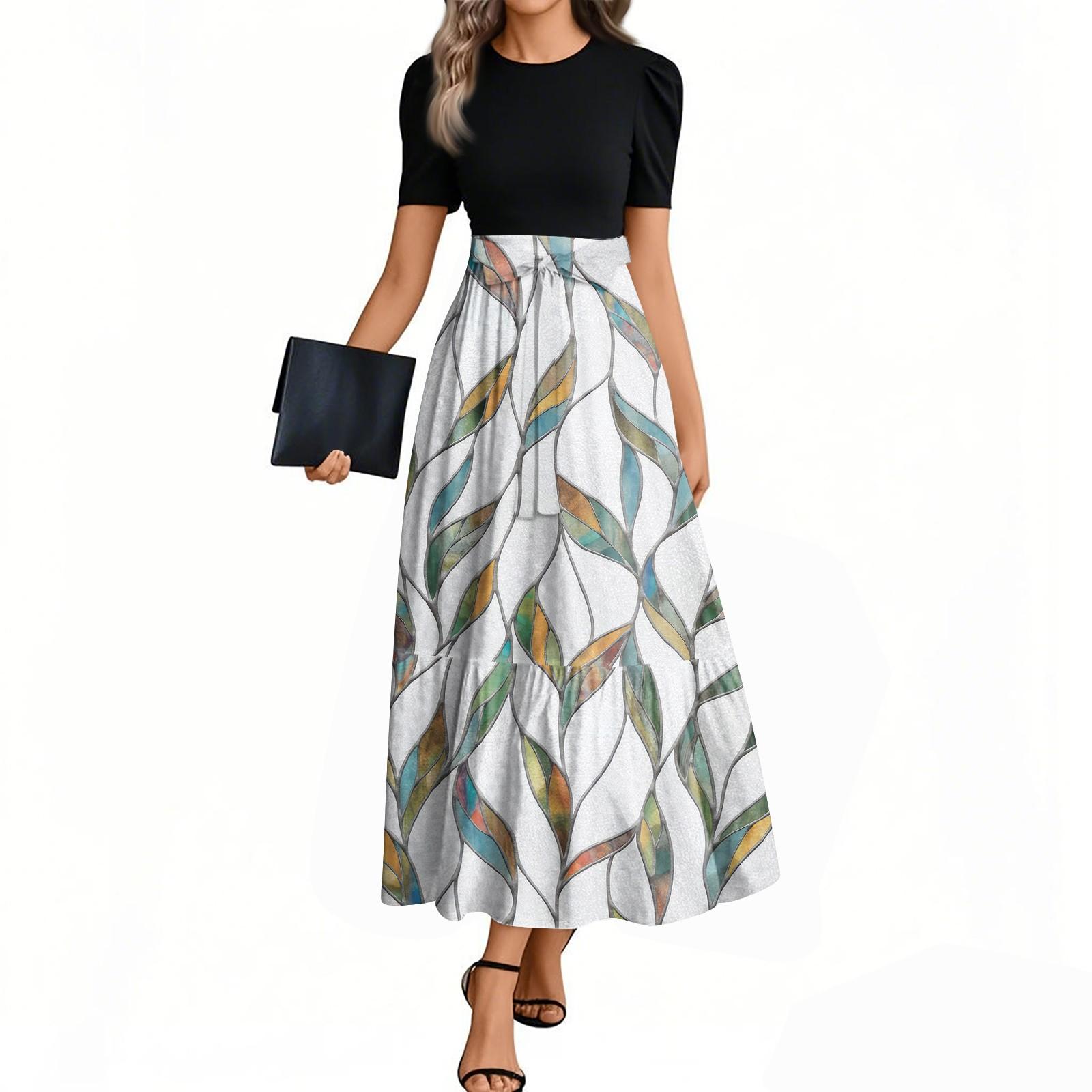 

Women s Fashion Casual Belt Short Sleeve Round Neck Retro Printed Splicing Elegant Temperament Dress L бежевый