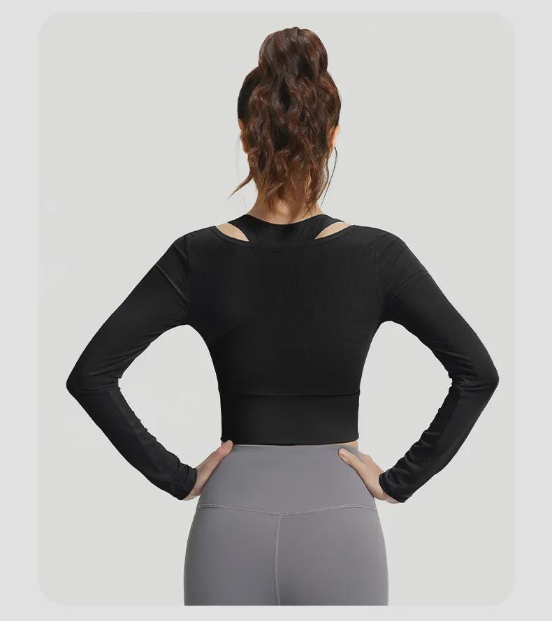 Juyitang Mesh Two-Piece Look Yoga Top, Long Sleeve, No Bra