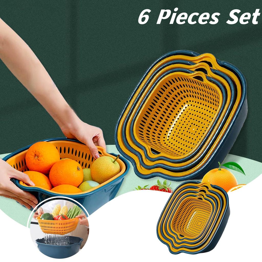 6Pc/Set Double Layer Drainage Basket Multifunctional Fruit Vegetable Cleaning Storage Baskets Plastic Square Kitchen Supplies