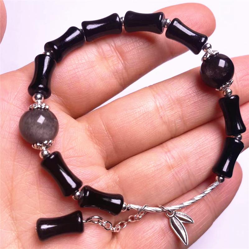 Natural Silver Yao Stone Flower Brand Bamboo Bracelet Fashionable Two Circles, Obsidian Bracelet Supports Identification