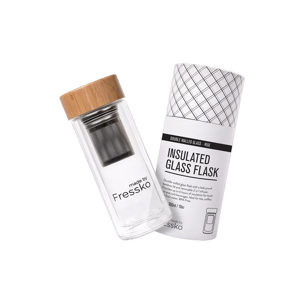 

Made by Fressko Rise Infuser Glass Flask, Filter-in Bottle with Tea Strainer, Heat-Resistant Glass, 300ml 10oz