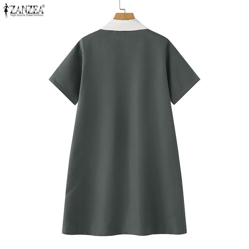 ZANZEA Womens Splice Turn Down Collar Casual Short Sleeve Dress