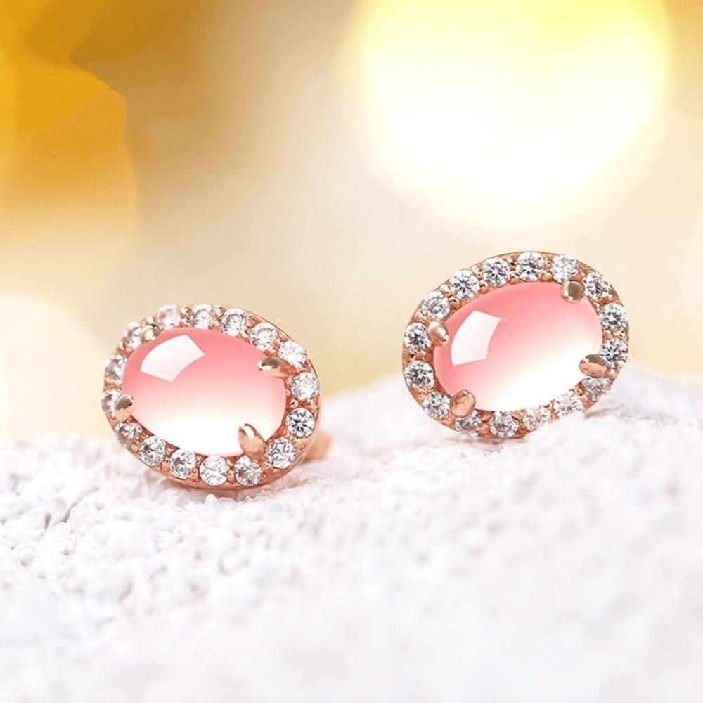 925 Silver Plated Pink Quartz Earrings for Women Elegant Rose Gold Diamond Stud Earrings
