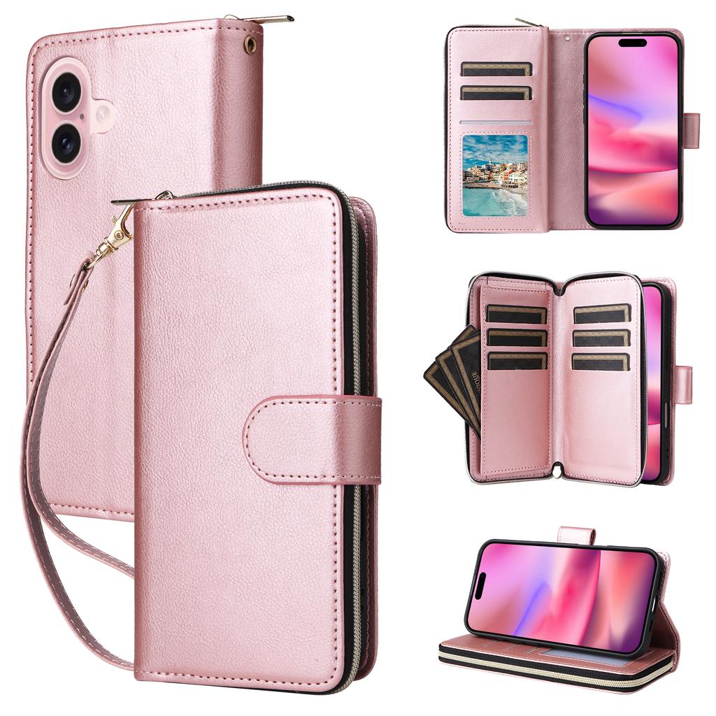 For iPhone 17 Case Zipper Pocket 9 Card Slots PU Leather Phone Cover with Hand Strap