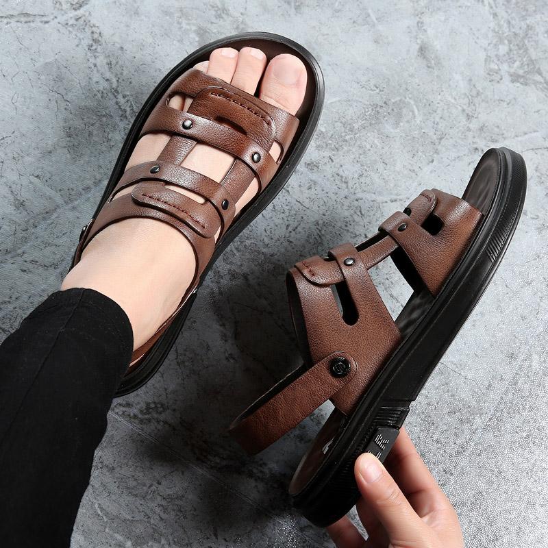 New Fashionable Thick Soles Men Beach Shoes High Quality Men's Casual Beach Sandals with Cowhide Latex Cushion On The Top Layer