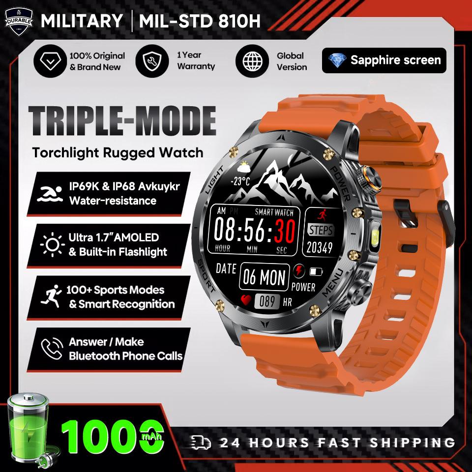 New Men Military Outdoor Sports Smart Watch 1000mAh Battery 5ATM Waterproof LED Flashlight Heart Rate Fitness Smartwatches