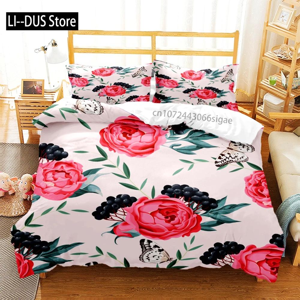 Rose Flower Butterfly Art Print Three Piece Bedding Set Fashion Children or Adults for Beds Quilt Covers Pillowcases Bedding Set
