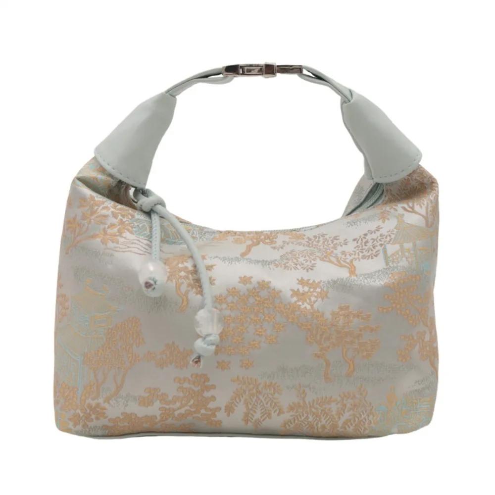 Sweet Elegant Embroidery Shoulder Bag Nylon Texture Pearl Pendant Crossbody Purse Small Bucket Handbag Women Fashion Accessory