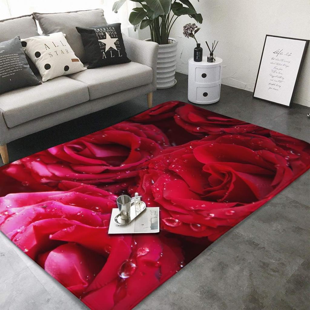 Blue Rose Flower on Black Background Non Slip Mat Area Rugs Floor Carpet for Kitchen Bedroom Living Room Decoration for Kids