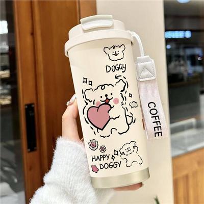 Heart Puppy Thermos Cup 111 Stainless Steel Large Capacity Coffee Cup Boys and Girls Student Straw Portable Double Drinking Cup