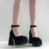 Spring 2024 Thick Heel Light Mouth Korean Version Mary Jane Shoes Black Square Head High Heels Solid Color Buckle Suede Women's Shoes