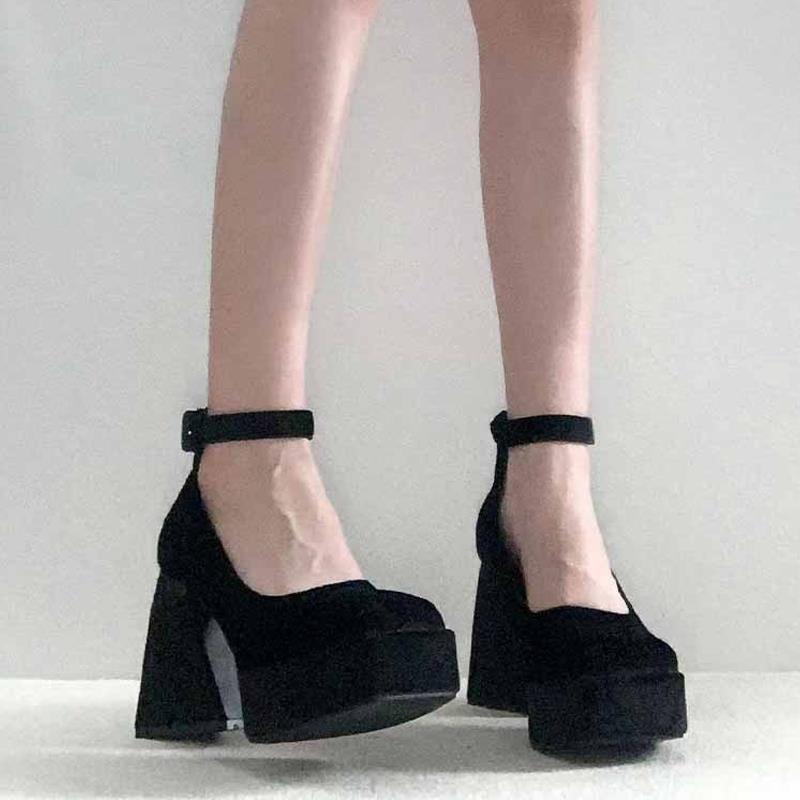 Spring 2024 Thick Heel Light Mouth Korean Version Mary Jane Shoes Black Square Head High Heels Solid Color Buckle Suede Women's Shoes