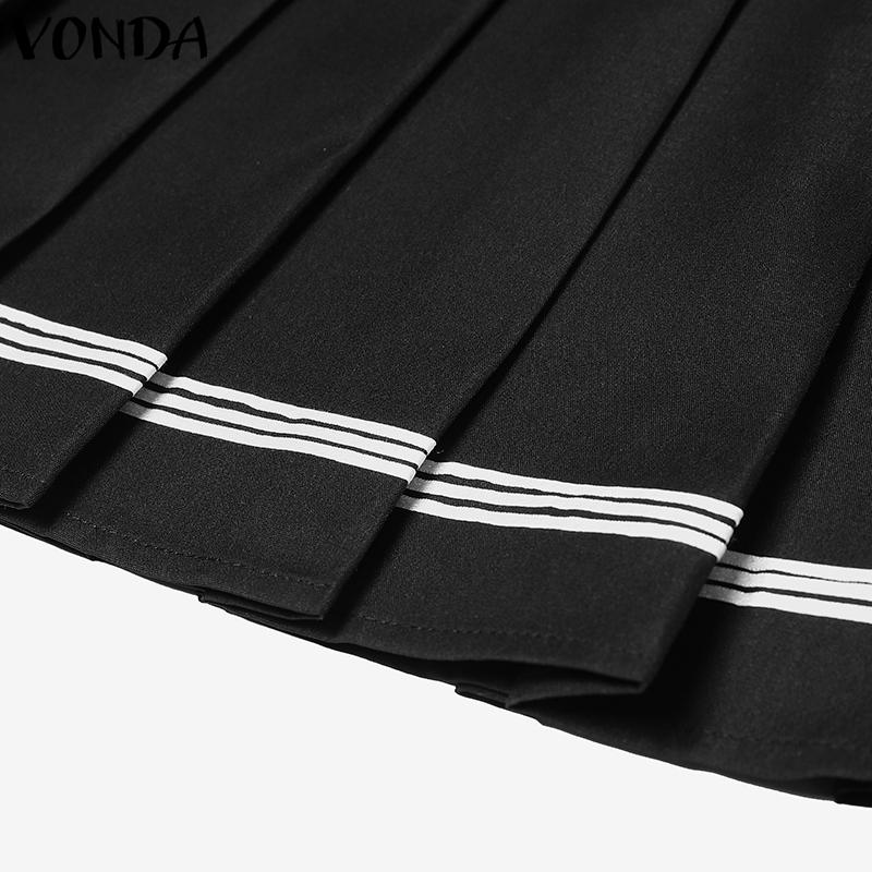 VONDA Two Pieces Women Summer Naval Collar Short Sleeve Preppy Style Tops and Mini Pleated Skirts Sets