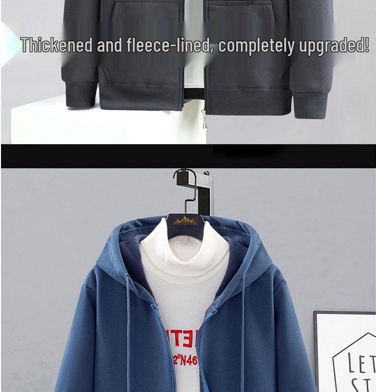 Men's Plus Size Fleece-Lined Zipper Hoodie - Thick, Loose Fit for Autumn and Winter
