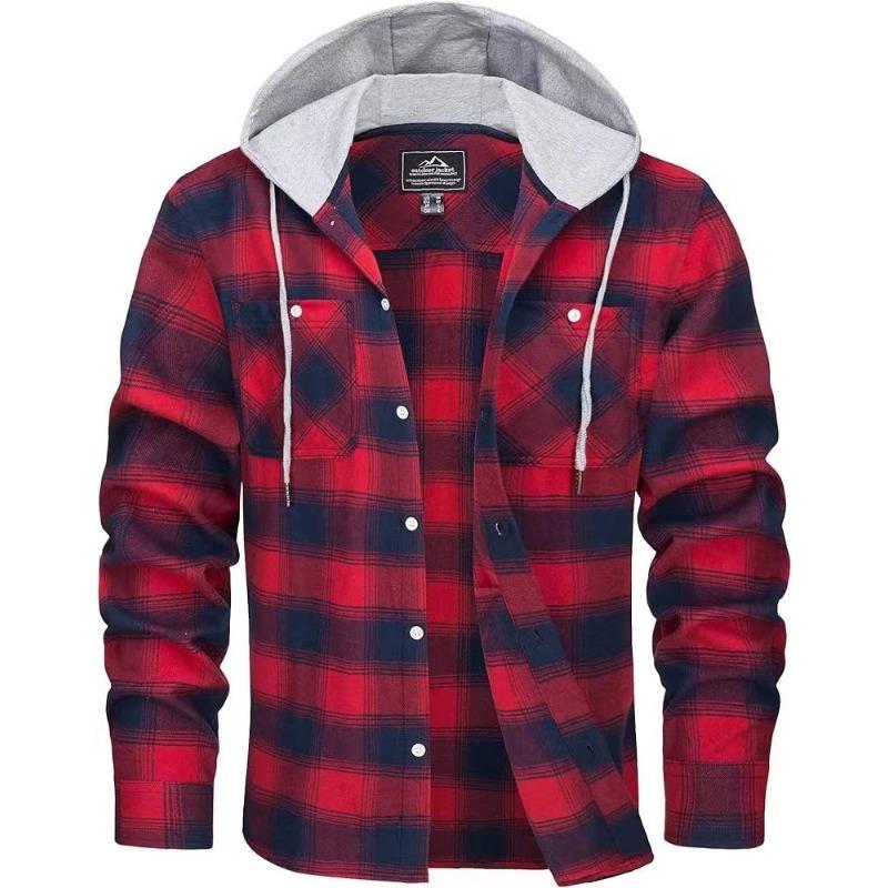 

Осенне-зимняя мужская фланелевая рубашка, хлопковая рубашка с длинными рукавами, повседневная рубашка с капюшоном S красный