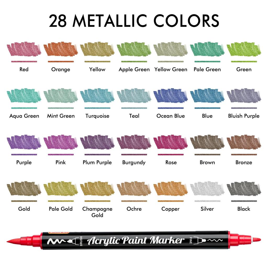 Shuttle Art Acrylic Metallic Color Brush and Fine Tip Twin Pen 28 Sparkling Glitter Acrylic Paint for Writing on and Handmade Art Gift Markers, Pens,