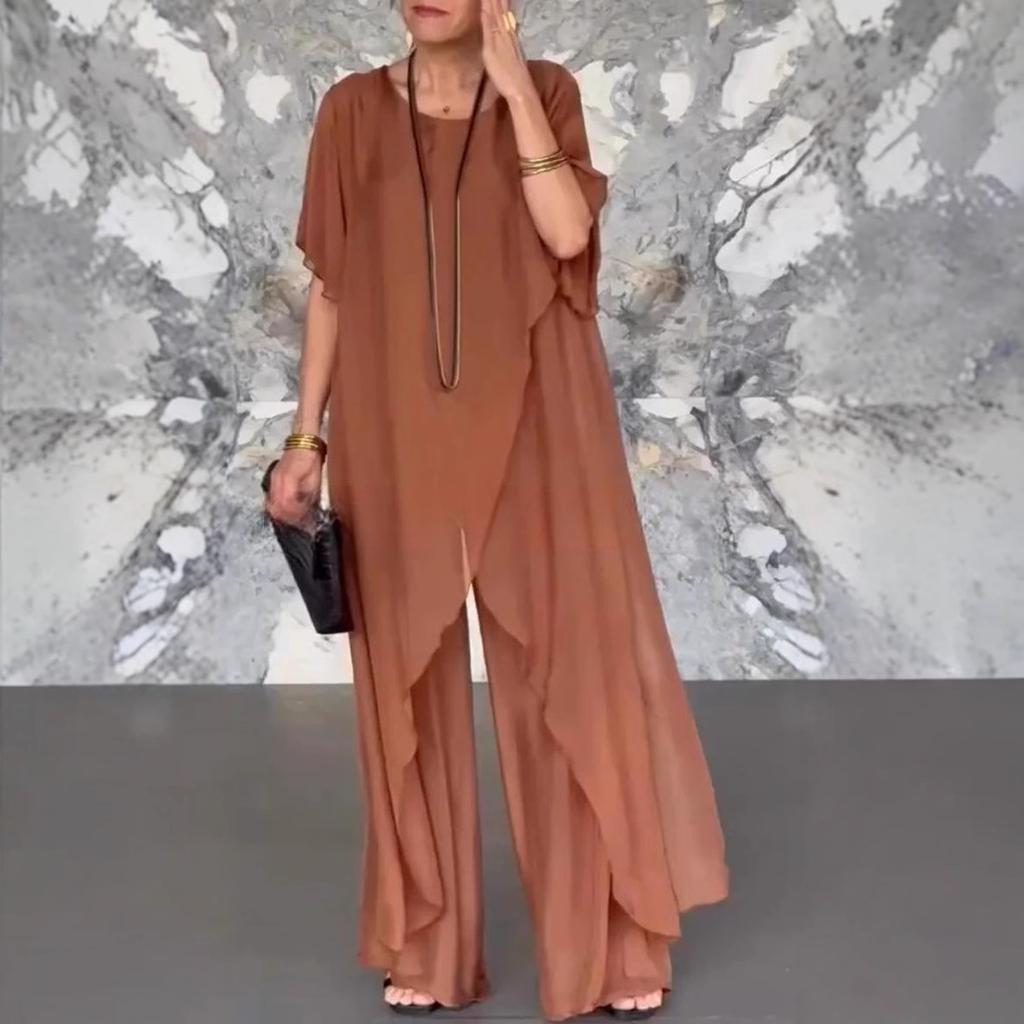 Women's Loose Fit Asymmetrical Hem Short Sleeve Top & Wide Leg Pants Set In Earth Tone