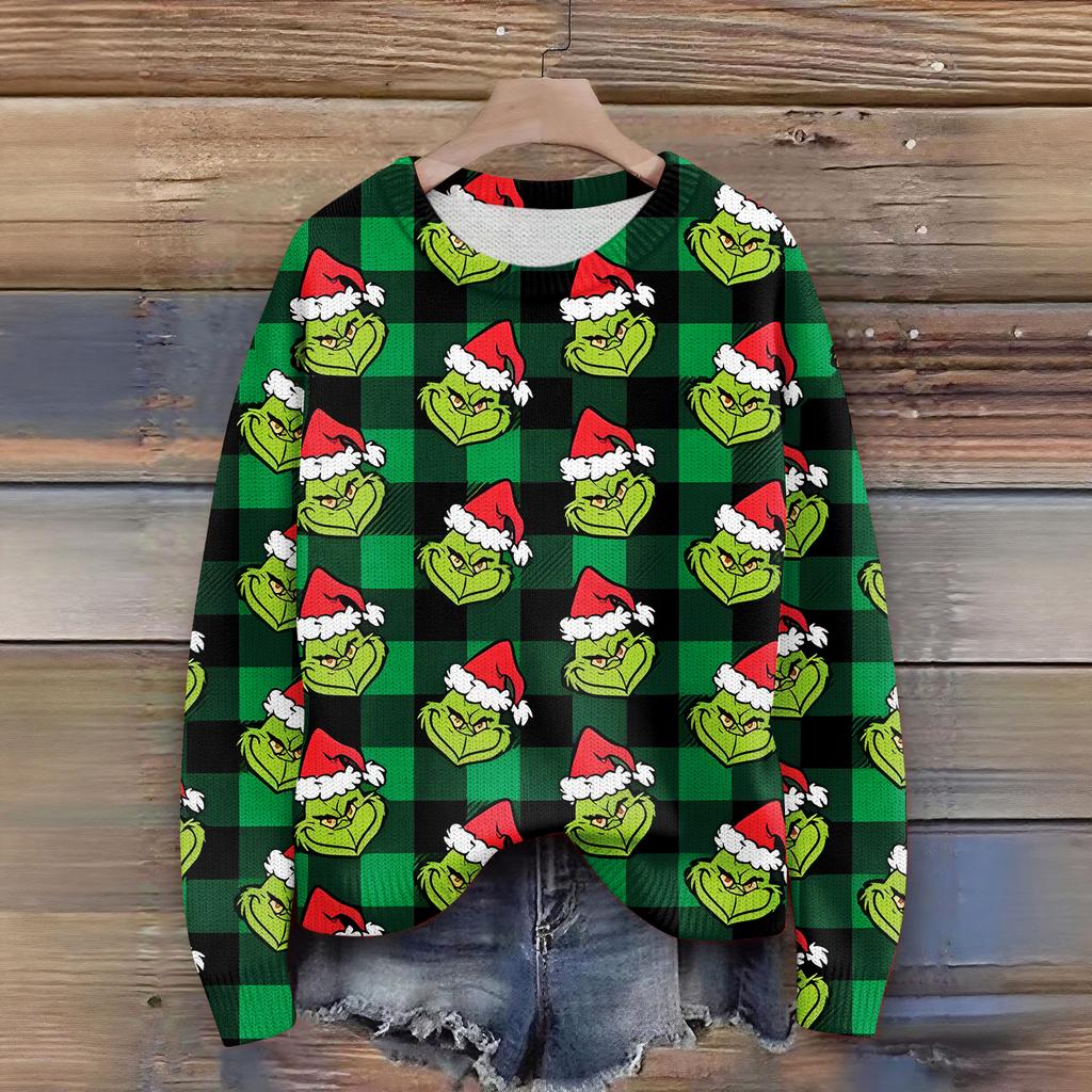 Long Sleeve Pullover Sweaters For Women O Neck Casual Cute Printing Knit Oversized Sweater