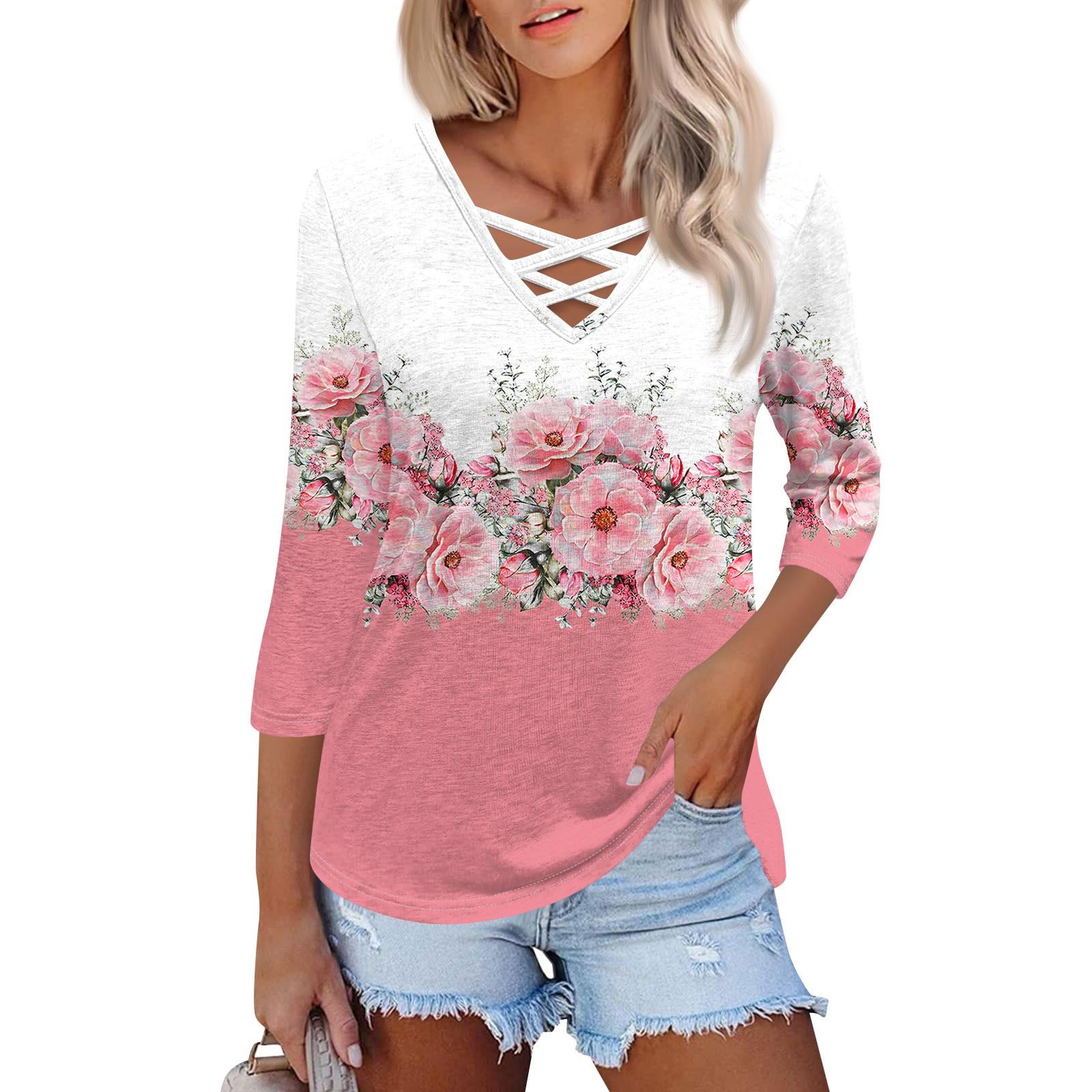 

Женская модная свободная футболка с перекрестным V-образным вырезом и семью рукавами, повседневный топ с винтажным цветочным принтом XXL розовый