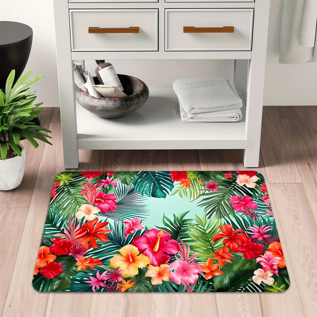 1pc 2D Flat Tropical Hibiscus Palm Leaves Vibrant Colors Flannel Door Mat Non Slip Summer Jungle Rug For Entryway Poolside Floor