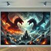 Two Dragons Tapestry, Fire and Ice Beasts Over Medieval City, Epic Fantasy Battle Wall Hanging for Bedroom Living Room