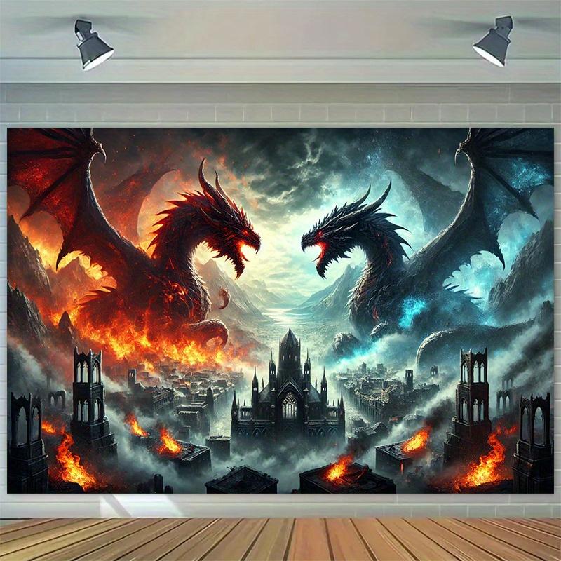Two Dragons Tapestry, Fire and Ice Beasts Over Medieval City, Epic Fantasy Battle Wall Hanging for Bedroom Living Room